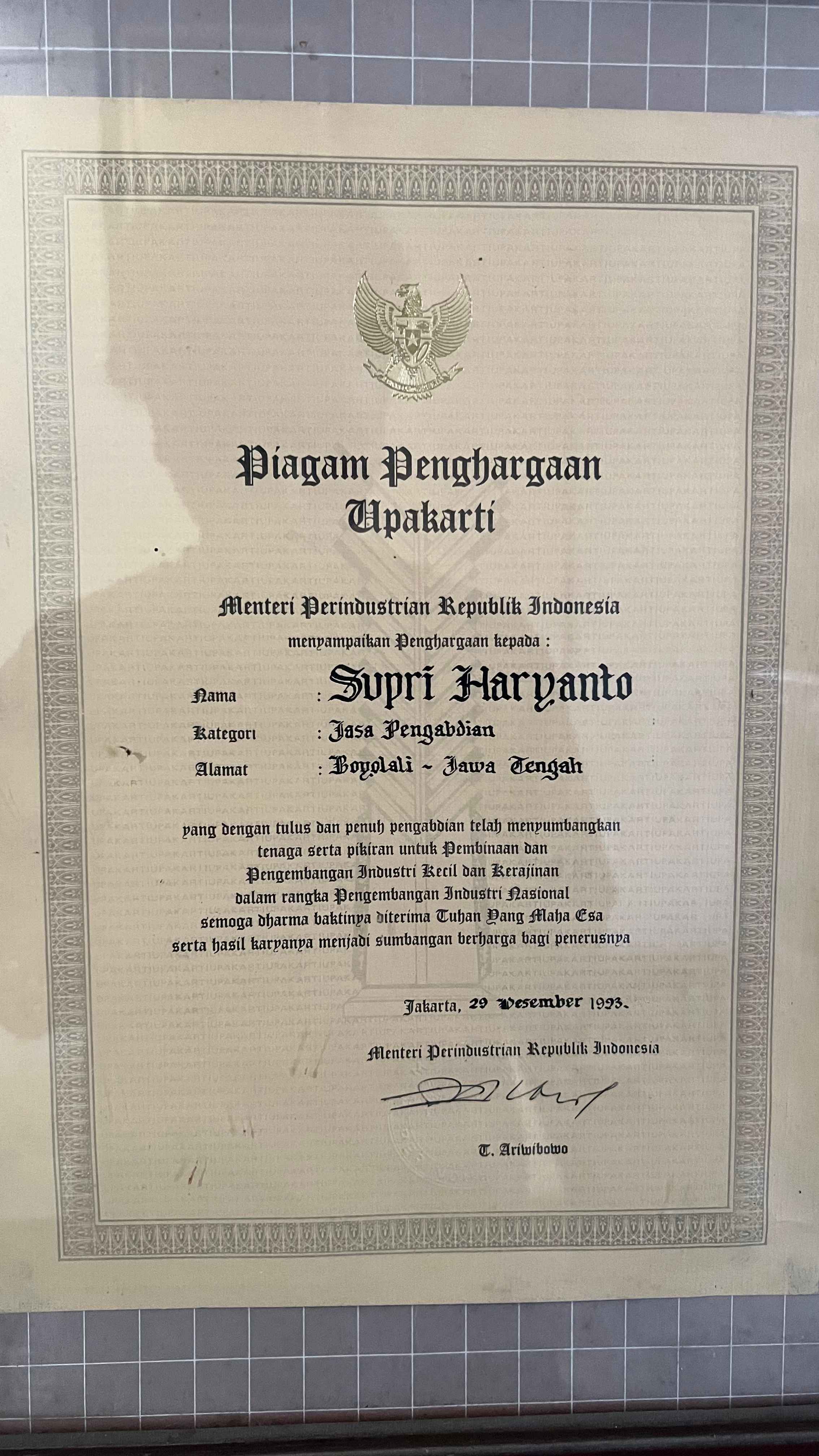 Piagam Penghargaan Upakarti